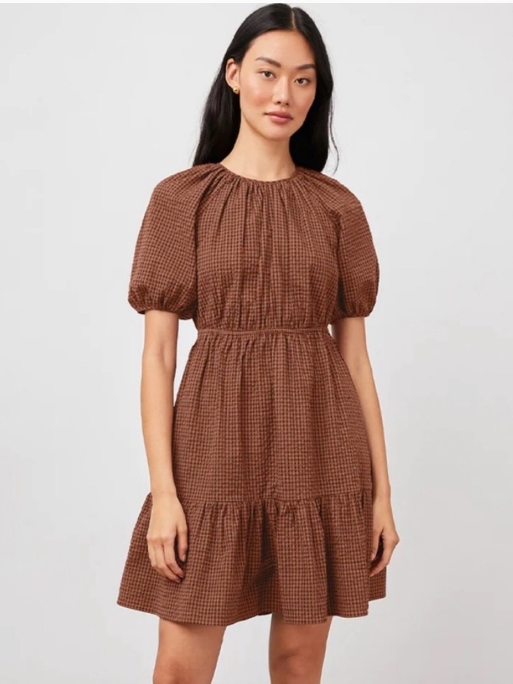 Rails Brown Puff-Sleeve Tiered Mini Dress